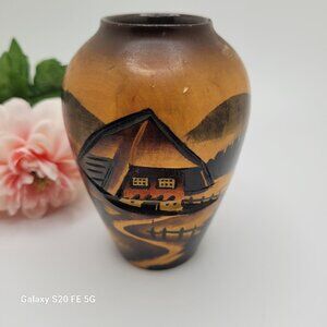 Vintage 1970s Handarbeit German Black Forest Hand Carved Painted Wood Vase 4 In